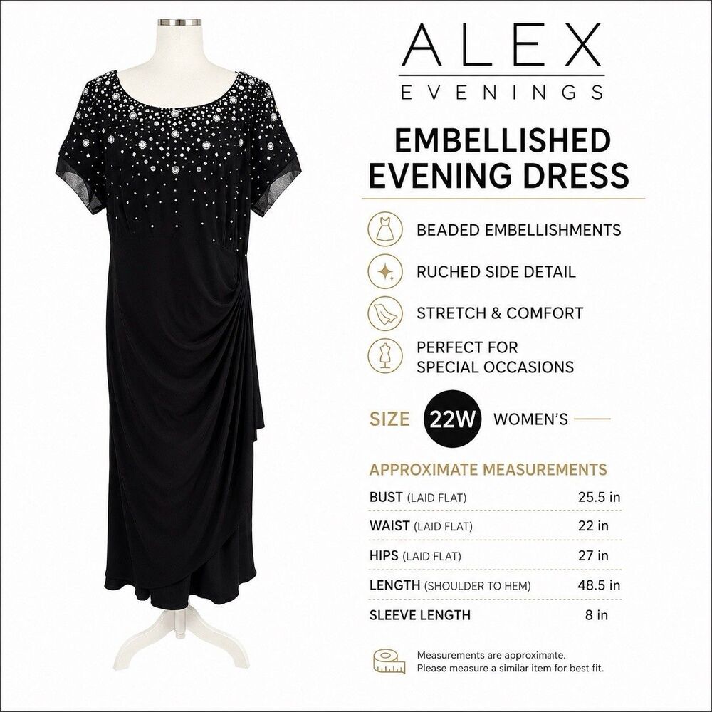 Alex Evenings 22W Black Beaded Midi Dress Plus Size Rhinestone Cocktail Formal